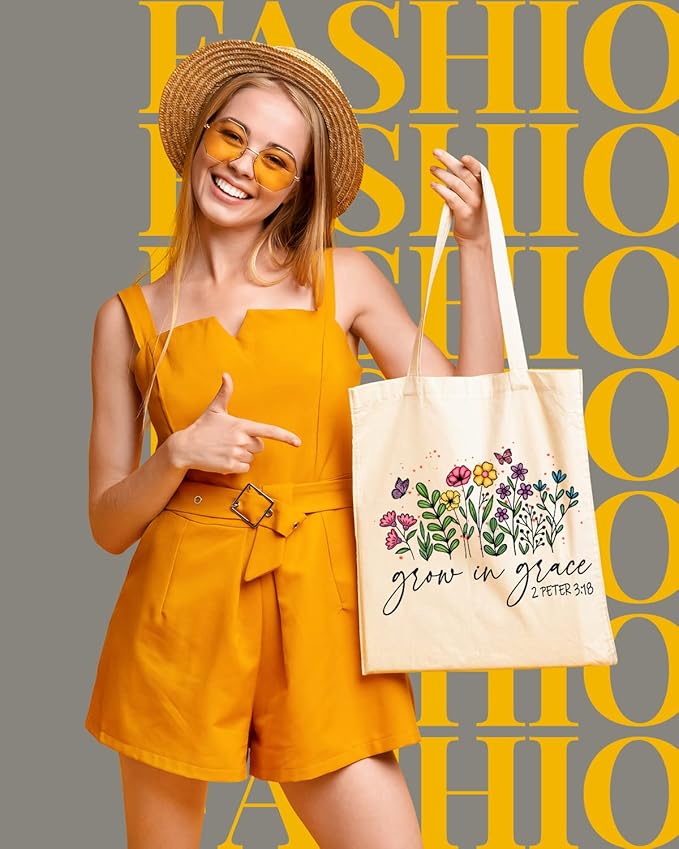 AUSVKAI Cute Canvas Tote Bag Aesthetic For Women Grocery Bag Cotton Beach Totes Gift For Grow in Grace