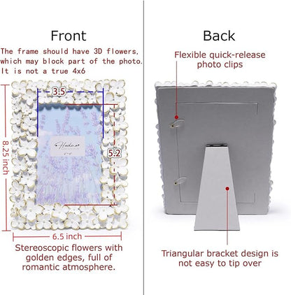 Hodao 4×6 White Floral Picture Frame — Handcrafted Textured Flower Picture Frame with Plastic Photo Cover & Built-In Easel for Tabletop Display, Decorative Home Décor, Nursery & Photo Keepsake