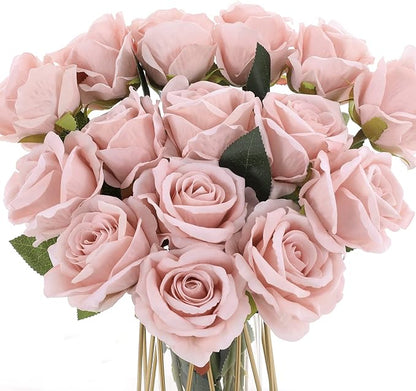 15Pcs Pink Roses Artificial Flowers Fake Roses Long Stem Velet Rose Silk Flowers for Home Wedding Decoration (Round Roses,Pale Pink)