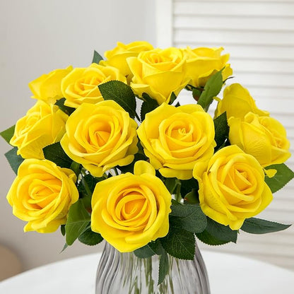 Hawesome 12PCS Artificial Roses Silk Flowers Fake Roses Bouquet Long Stem for Home Wedding Decoration Party (Yellow)
