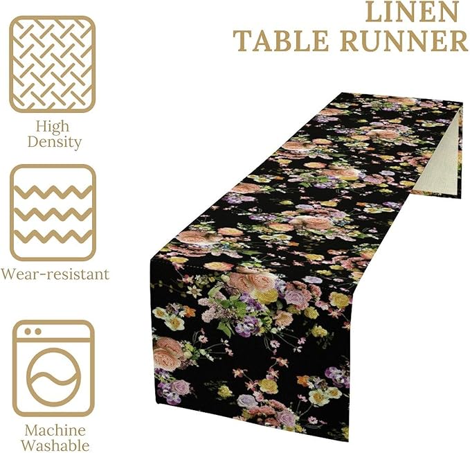 Vintage Floral Table Runner,Gothic Retro Flowers Spring Summer Seasonal Table Runner for Home Kitchen Table Dining Indoor Outdoor Party Decor 13x108 Inch