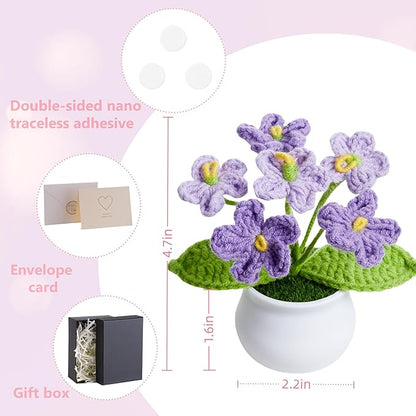 Gradient Purple Crochet Flowers Cute Handmade Knitted Potted Flower Plants for Teacher Women Birthday Anniversary Valentines Decor for Car Home Room Office Desk Accessories