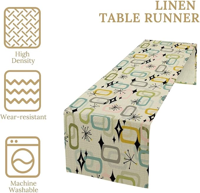Mid Century Table Runner, Flag Retro Atomic Starburst 1950s Abstract Geometric Space Tabletop Decoration for Home Kitchen Restaurant Table Flag 13x108 Inch
