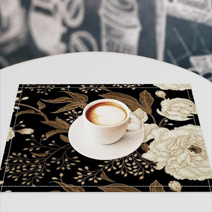 Black Gold Floral Placemats Set of 8, 17x12 Inch Abstract Vintage Rustic Flower Botanical Aesthetic Art Print Table Mats for Home Party Kitchen Dining Decor