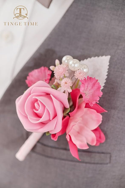 TINGE TIME Boutonniere for Men Wedding,Groom and Best Man Boutonniere for Wedding Ceremony Anniversary, Formal Dinner Party and Rustic Spring Wedding Marriage (10, HotPink)