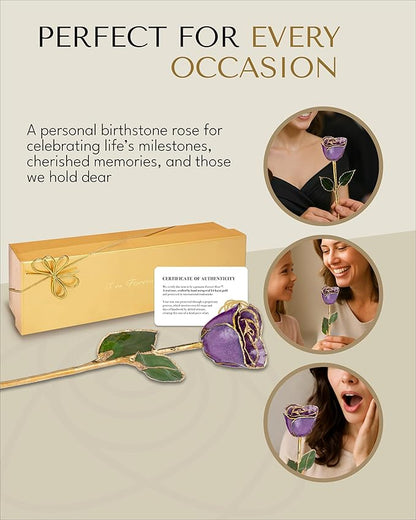 Forever Rose Hand-Dipped in 24K Gold, Amethyst-Inspired February Birthstone with Sparkles, Real Rose in Luxury Gold Gift Box – Perfect Ready to Gift for February Birthday or Any Occasion