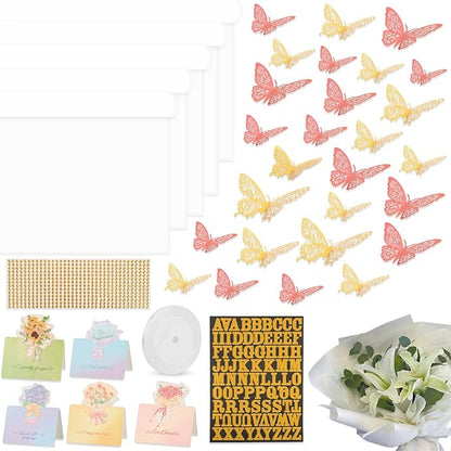 52Pcs Flower Bouquet Wrapping Paper Accessories Kit, 20 Sheets White Waterproof Floral Wrapping Paper, 12 Gold 12 Pink Butterflies, 5 Cards, 1 White Ribbon, 1 Letter 1 Rhinestone Sticker (White Edge)