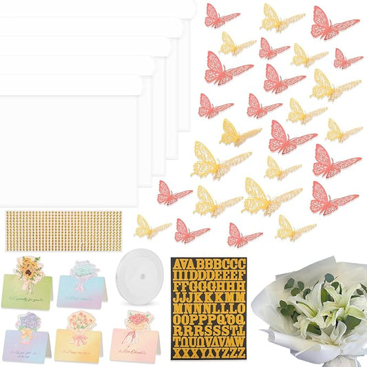 52Pcs Flower Bouquet Wrapping Paper Accessories Kit, 20 Sheets White Waterproof Floral Wrapping Paper, 12 Gold 12 Pink Butterflies, 5 Cards, 1 White Ribbon, 1 Letter 1 Rhinestone Sticker (White Edge)