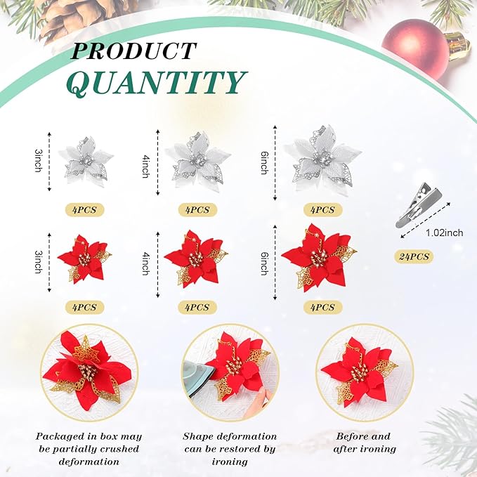 Boao 24 Pieces Christmas Artificial Glitter Poinsettia Flowers Xmas Flowers Wedding Christmas Tree New Year Ornaments(Red and Silver)
