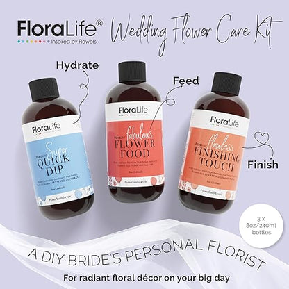 FloraLife Wedding Flower Care Kit - Quick Dip, Finishing Touch & Flower Food for Bridal Bouquets, Bridesmaid Flowers & Centrepieces - 3 x 8oz