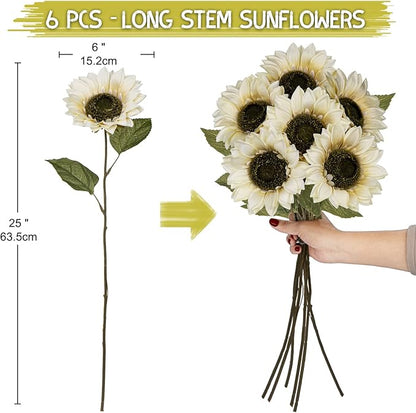 Hollyone Large Silk White Sunflowers Artificial Flowers 26" Long Stem Sunflowers Fake Flowers 6PCS Faux Vintage Fall Sunflowers Bouquet Bulk for Home Wedding Birthday Party Centerpieces Decorations