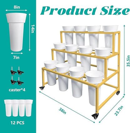 PROLEE Flower Stand with 12 Buckets, Flower Display Stand with Wheels, Flower Cart, Moving Florist Bouquet Shelf, Rectangular, Gold