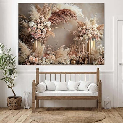 Boho Floral Wedding Backdrop Pampas Grass Flower Curtain Background Wedding Bridal Shower Anniversary Party Decoration Backdrop Newborn Baby Shower Pregnancy Photos Backdrop (9x6feet)