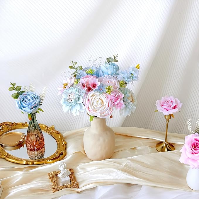 Artificial Flowers Combo Box Set Baby Blue Pink Silk Roses with Stems Crystal DIY Pastel Rainbow Bridal Wedding Bouquets Cake Fake Floral Arrangements Baby Shower Party Table Centerpieces Home Decor