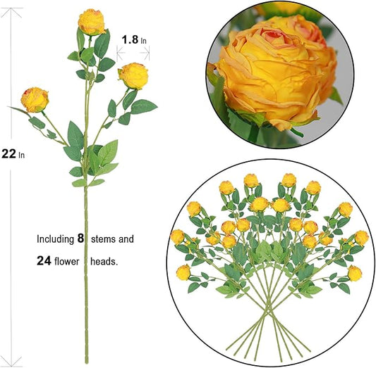 CHIAVE 8pcs 24 Flower Buds Artificial Vintage Roses Fake Silk Rose Flowers with Long Stem for DIY Bouquets Wedding Centerpiece Party Home Kitchen Shorp Decoration-Yellow