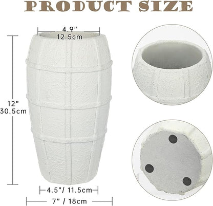 Briful Rustic Terracotta Flower Vase for Home Decor 12" White Farmhouse Textured Barrel-Style Ceramic Vase Vintage Handcrafted Gridded Design for Faux & Dried Flowers Living Room Table Centerpiece