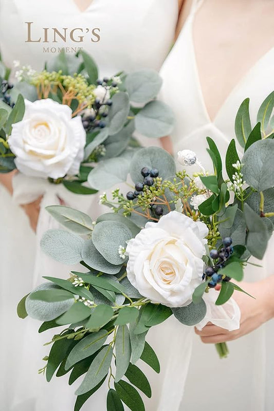 Ling's Moment Artificial Flowers White Bridesmaid Bouquet Set of 6, White and Sage Wedding Flowers Bouquets for Bridesmaids, 7 Inch Bridal Bouquets for Bridesmaids, Wedding, Ceremony, Anniversary, etc
