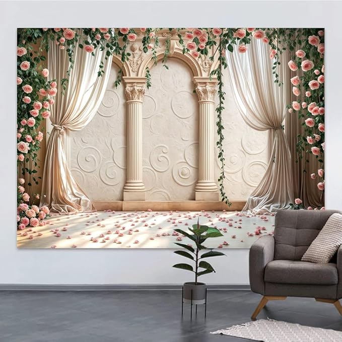 Wedding Party Backdrop, Floral Grass Wall White Sheer Curtain Flower Arch Photography Background, Greek Rose Wall Arch Lover Marriage Proposal Bridal Reception Photo Booth Props Banner 7x5ft