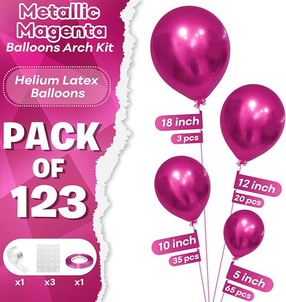 Togvu Chrome Hot Pink Balloons Different Sizes, 123 Packs Metallic Fuschia Pink Balloons, Pack of 18 12 10 5 Inch Shiny Fuchsia Balloon Garland Arch Kit for Girls Women Birthday Wedding Decoration
