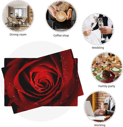 Red Rose Linen Table Placemats Set of 6 Romantic Floral Art Placemat Indoor Outdoor Party Home Desktop Kitchen Dining Room Decoration 12x18 Inch