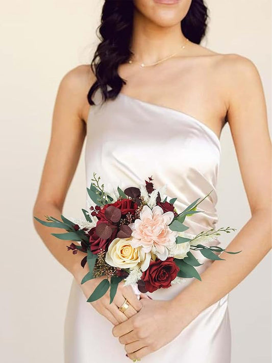 Rinlong 1Pc Burgundy Wedding Bouquets for Bridesmaids Fall Boho Bouquet Artificial Bridesmaid Bouquet for Wedding Prom Homecoming