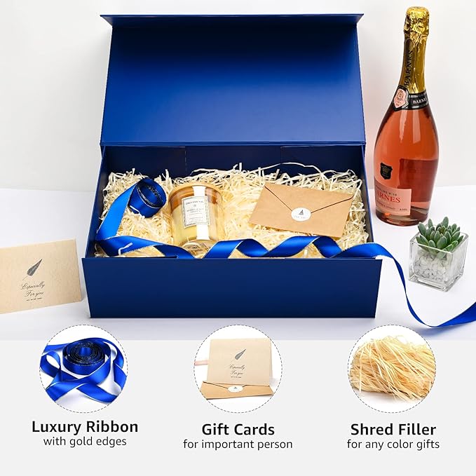 LIFELUM Navy Blue Gift Boxes 2 Pack 13.85 x 8.35 x 4.45 inch, Gift Box for Presents with Ribbon,Card,Shredded Paper Filler Magnetic Closure for Business, Father's Day, Holidays,Birthdays