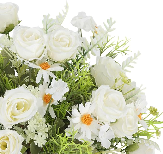 Artificial Flowers Bouquet 3 Pack Fake Rose Bouquet Faux Artificial Flower Arrangements Decoration Table Wedding Flower Centerpieces（White）