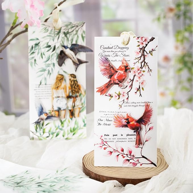 TIAMECH Flowers Birds Sing PET Stickers - 120 Pcs Feather Blossom Branch & Sparrow Pigeon Song Design, Waterproof Sticker for Journaling & Scrapbooking, Junk Journal Supplies, Ephemera & DIY Crafts