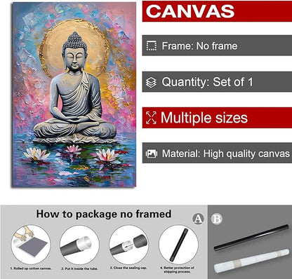Lotus and golden Buddha meditation tranquil zen wall art mindfulness wall art for spiritual harmony and tranquility decor 24x36in Frameless