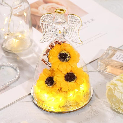 Angel Sunflower Mothers Day Blessing Gifts, Angel Figurines with LED Light Real Sunflower Gifts for Her Mom Grandma Wife,Glass Angel Figurines for Valentine Anniversary Birthday Gift