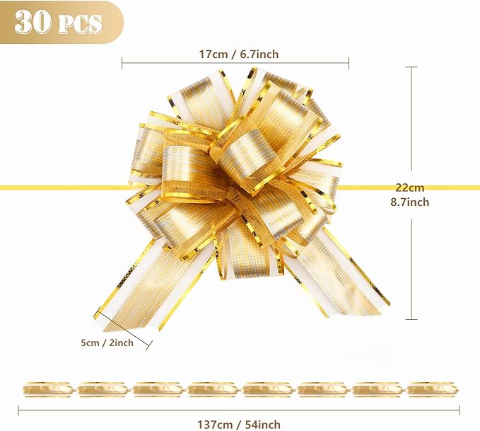 GWHOLE 30Pcs Large Gift Wrapping Bows, 5" Gold Ribbon Pull Bows for Gift Wrapping Wedding Holiday Decor