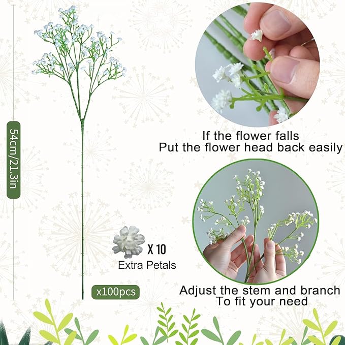 JIFTOK Babys Breath Artificial Flowers, 100 Pcs Fake Flowers Gypsophila Bouquet Fall Flowers Artificial for Decoration, Real Touch Silk Flower for Wedding Christmas DIY Party Home Garden Office(White)