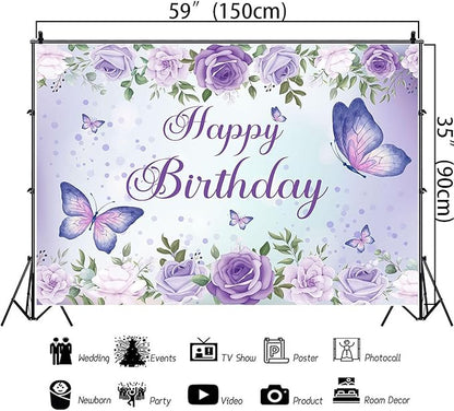 Purple Butterfly Birthday Banner Backdrop for Women Girl (59x36 inch) Purple Happy Birthday Decorations Banner for Women Rose Flowers Butterfly Backdrop Decortions for Girl