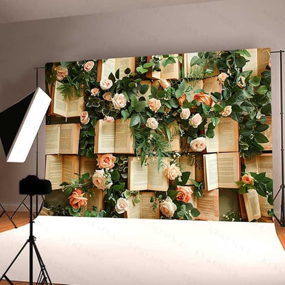7x5FT Vintage Bookshelf Backdrop for Photography Pink Rose Flowers Green Leaves Book Page Background Wedding Bridal Shower Kids Birthday Party Banner Supplies KUBDJ977