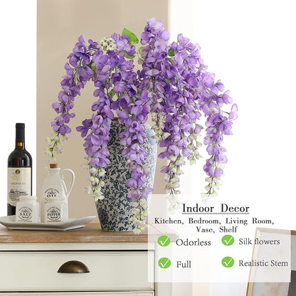 Dailisen 3 Strands 40'' Silk Purple Wisteria Artificial Flowers, Fake Wisteria Floral Hanging Plant Garland, for Home Decor, Party, Floor Vase, Balcony, Wedding Arrangement Decoration (Purple)