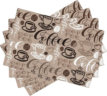 Coffee Theme Linen Placemats Set of 4 Vintage Brown Coffee Cup Table Mats Heat Resistant Place Mats for Home Party Kitchen Dining Decoration 12x18 Inch