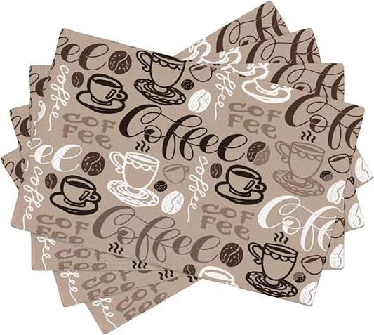 Coffee Theme Linen Placemats Set of 4 Vintage Brown Coffee Cup Table Mats Heat Resistant Place Mats for Home Party Kitchen Dining Decoration 12x18 Inch