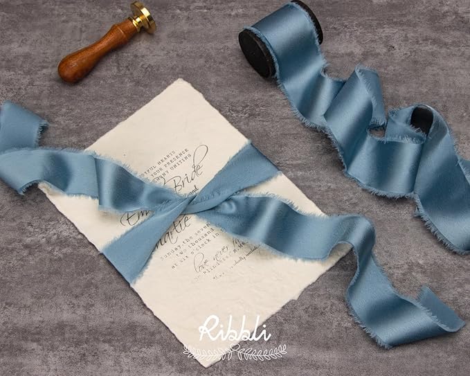 Ribbli Dusty Blue Silk Satin Ribbon 1.5 Inch x 30 Yard Handmade Frayed Chiffon Dusty Blue Ribbon for Gift Wrapping Wedding Invitations Bridal Bouquets Home Decor