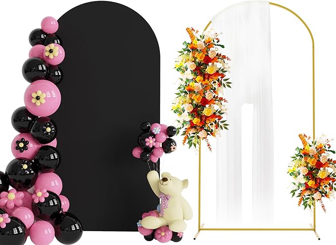 Putros 6.6ft Metal Arch Stand with Cover Black Spandex Fitted Wedding Arch Cover and Round Top Chiara Backdrop Stand Set for Birthday Party Baby Shower Decoration