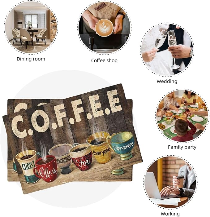 Christian Coffee Placemats Set of 6 Coffee Table Mats Washable Place Mats for Home Party Indoor Kitchen Dining Table Decoration 12x18 Inch