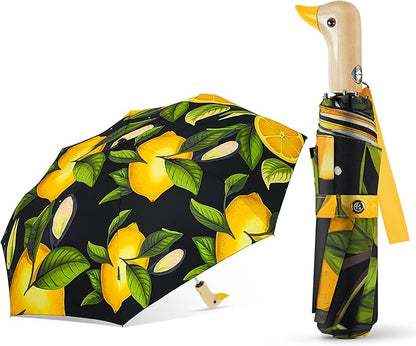 Cute Duck Umbrella Automatic - Compact Pretty Pocket Size Strong Duck Collapsible Umbrella Yellow Wooden Handle for Women