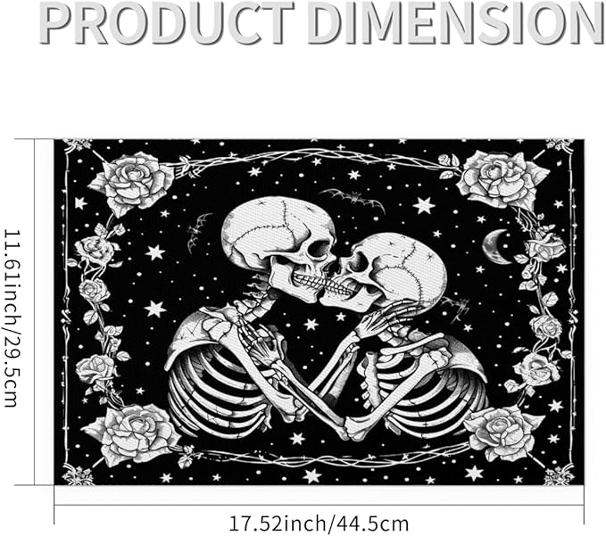 Halloween Skull Goth Flower Placemats Set of 6 PVC Vinyl Non Slip Table Mats Heat Resistant Place Mats Washable Wipeable Dining Table Mat for Kitchen Decor Party Indoor Outdoor Decorative Gift