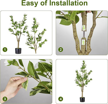 5.2FT Artificial Camellia Tree, White Silk Flower Faux Plant - Realistic Potted Greenery for Indoor/Outdoor, Office & Home Room Decor, Ideal for Wedding Venue Decoration