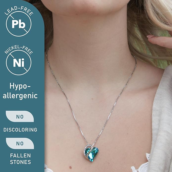 Leafael Necklaces for Women, Infinity Love Birthstone Heart Crystal Pendant, Birthday Jewelry Gifts for Her, Mom, and Wife, Silver Plated, 18 plus 2 inch Adjustable Chain