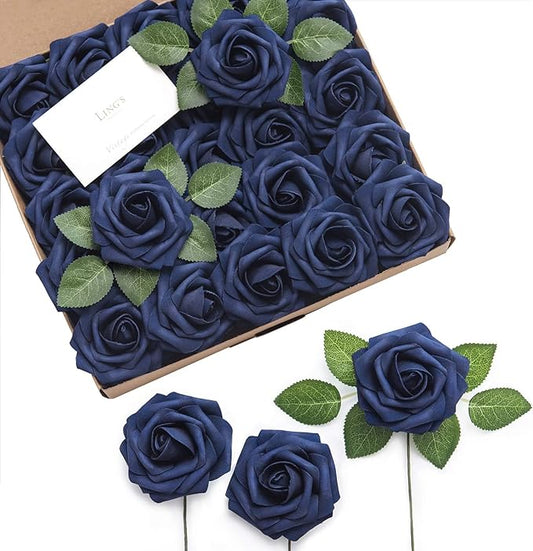 Ling's moment Artificial Flowers 25Pcs Deep Navy Blue Roses Decor w/Stems,3" Real Touch DIY Foam Floral for Wedding Bouquet/Centerpieces, Outdoors Party Backdrop, Room/Table, and Garden/Pot Decor