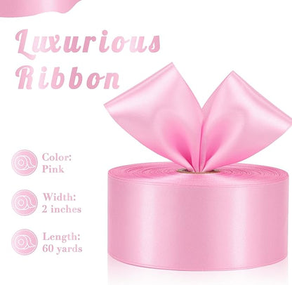 Pink Satin Ribbon 2 Inch 60 Yards, Pink Fabric Ribbons for Flower Bouquet, Wedding, Crafts, Gift Wrapping, Baby Shower, Hair and Outdoor Decor