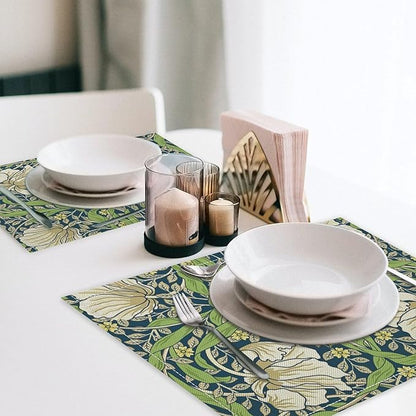William Morris Flower Placemats Set of 6, Retro Boho Botanical Plant Place Mats, Heat Resistant Non Slip Cotton Linen Dining Table Mats for Home Kitchen Party 18x12 Inch