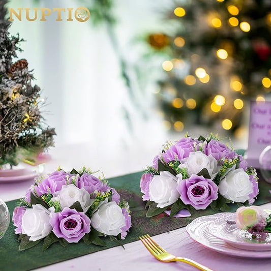 NUPTIO Flower Wedding Centrepieces for Tables - 6 Pcs 9.5in Diameter Lilac & White Artificial Flowers Rose Ball for Centerpieces Table - Fake Rose Arrangements for Weddings Birthday Party Decor
