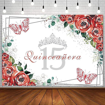 Sendy 7x5ft Quinceañera Backdrop Mis Quince 15 Anos Birthday Party Decoration Supplies for Girl Princess Red Floral Flower Butterfly Silver Crown Photography Background Photo Booth Studio Props