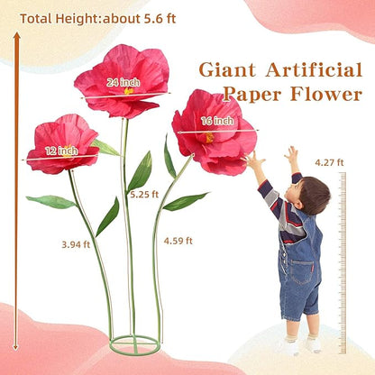 5.9 Ft Large Paper Artificial Flowers,Giant Flowers for Decoration,Standing Huge Handcrafted Poppy Flowers for Garden,Hotel,Office,Photography Props,Wedding,Art Gallery,Shop Window Display(B-Red)